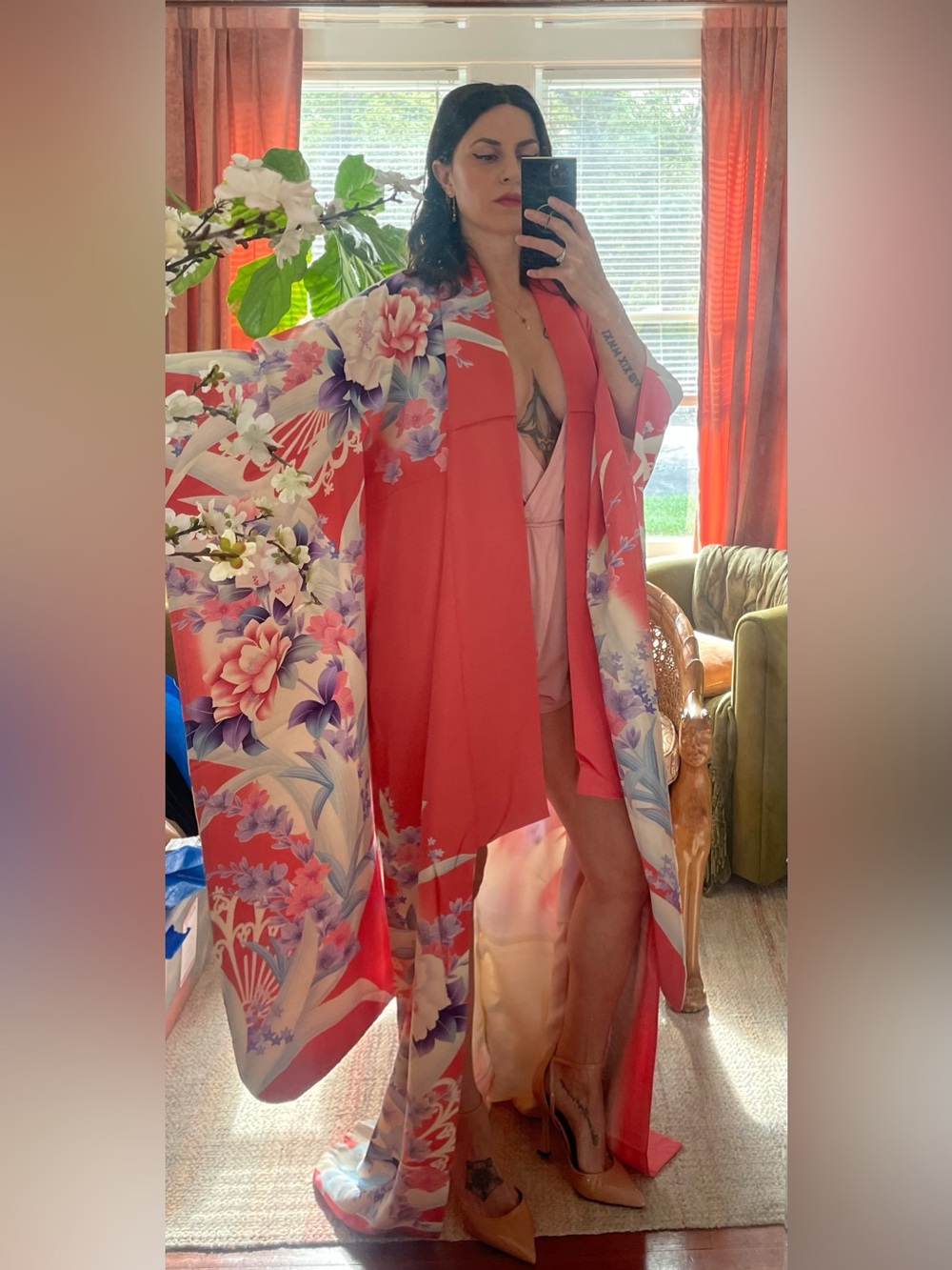 Vintage Japanese kimono satin coral lilac floral flowers furisode long sleeve